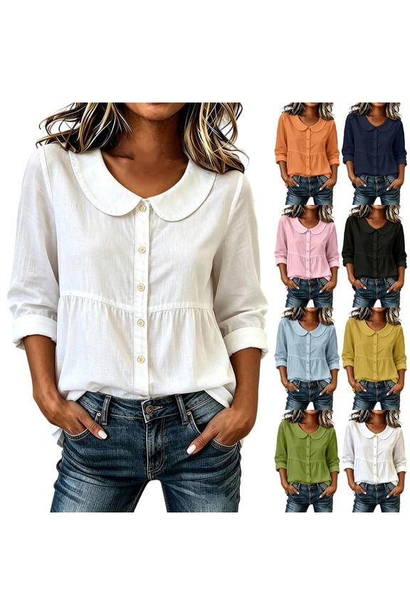 Blouses for Women Casual Collar Button Down Shirts Fall Long Sleeve Loose Cute Tunic Blouses Tops