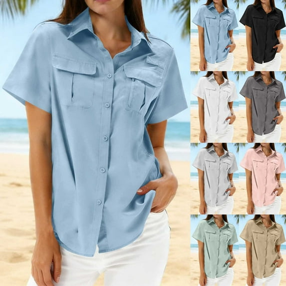 RongHuan Button Down Shirt for Women V Neck Collared Blouse Lapel Work Shirts Casual Short Sleeve Tops with Pockets