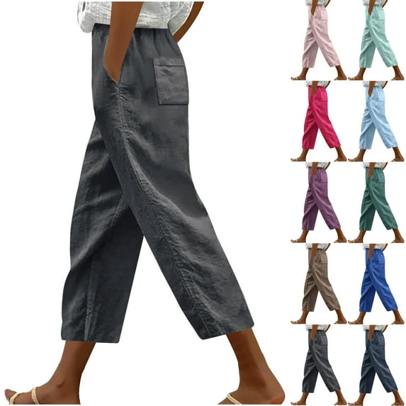 RongHuan Capri Pants for Women Casual Summer Cropped Pants High Waist Straight Leg Pants Beach Pants with Pockets