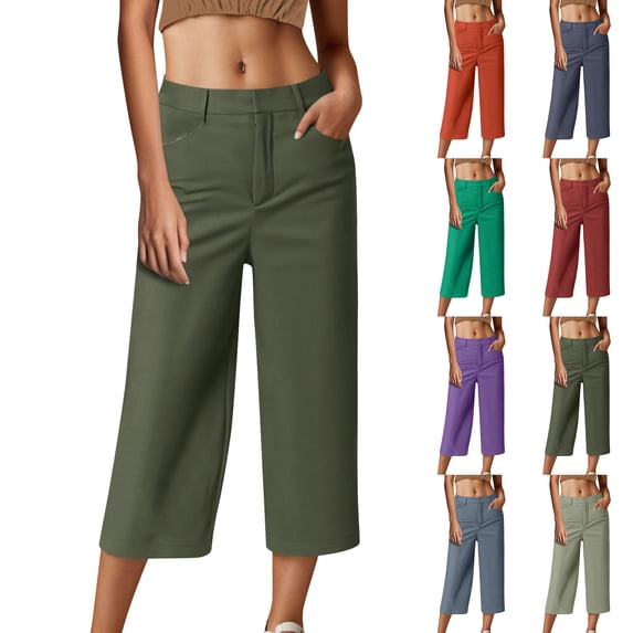 RongHuan Capri Pants for Women Casual Wide Leg Capris High Waisted Crop Pants Lightweight Dress Pants