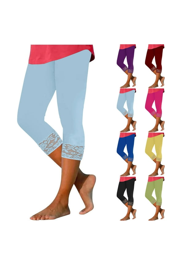 Capri Yoga Pants for Women Lace 3/4 Length Cropped Leggings High Waist Stretch Workout Tights Casual Vacation Beach Pants