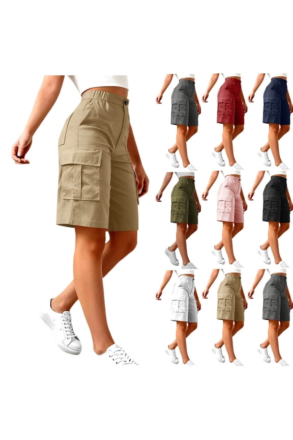 Cargo Shorts for Women Knee Length Elastic Waist Short Pants Summer Casual Long Shorts with Pockets