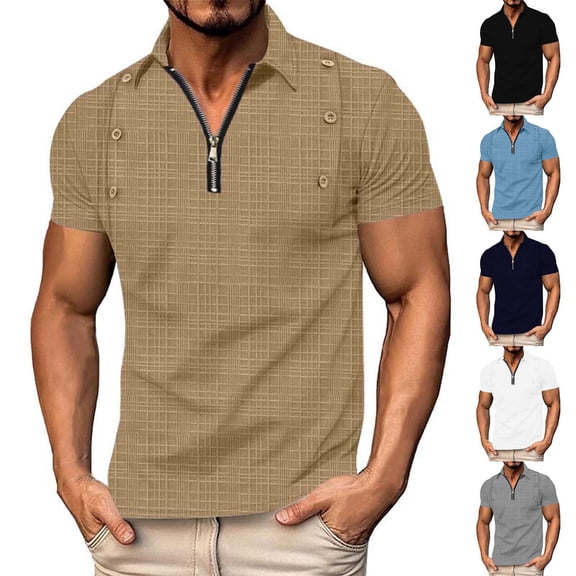 RongHuan Collared Muscle Shirts for Men Lightweight Short Sleeve V Neck T-Shirts Quarter Zip Ribbed Knit Golf Shirt Summer Tops