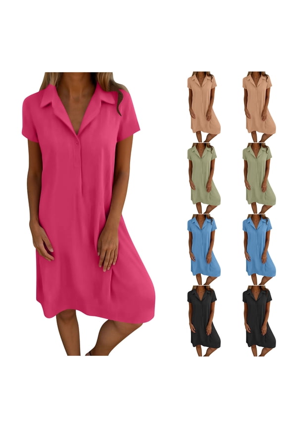 Cotton Linen Dress for Women Casual Loose Fit Summer Dresses Short Sleeve V Neck Dress Button Up Shirt Dress