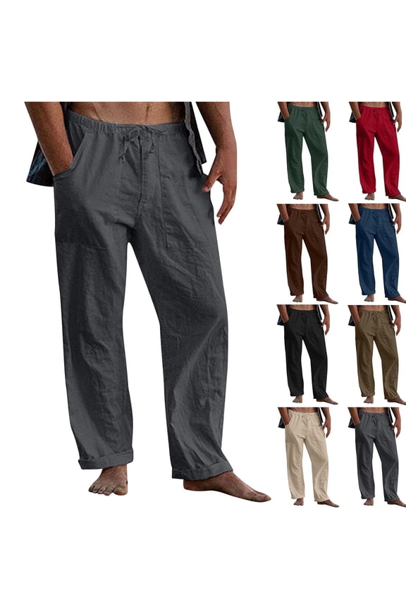 Cotton Linen Pants for Men Loose Fit Straight Legs Lightweight Trousers Elastic Waist Drawstring Beach Pant