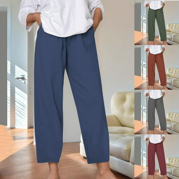 RongHuan Cotton Linen Pants for Women Plus Size Straight Leg Pants Casual Sweatpants Soild Color High Waist Pants