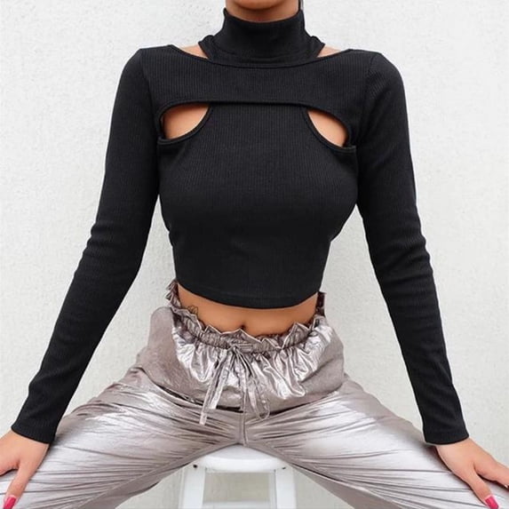 RongHuan Crop Tops for Women Fashion Hollow Out Shirt Hight Neck Fitness T-Shirt Long Sleeve Blouse