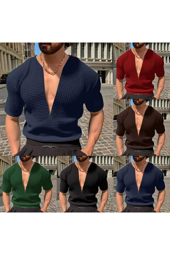 Deep V Neck T-Shirt for Men Slim Fit Muscle Tee Shirts Summer Casual Low Cut Stretch Workout Tops