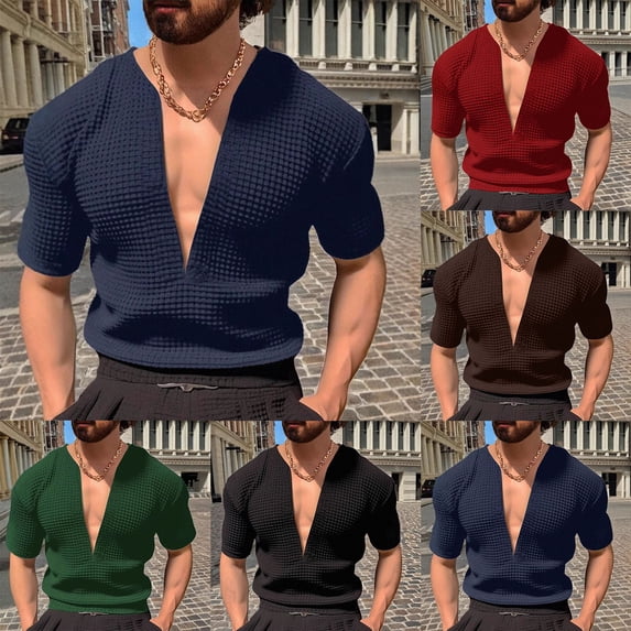 RongHuan Deep V Neck T-Shirt for Men Slim Fit Muscle Tee Shirts Summer Casual Low Cut Stretch Workout Tops