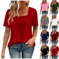 thumbnail image 1 of RongHuan Faux 2Piece Blouses for Women Square Neck Short Sleeve T-Shirts Summer Fashion Solid Tunic Tops Casual Basic Blouse, 1 of 6