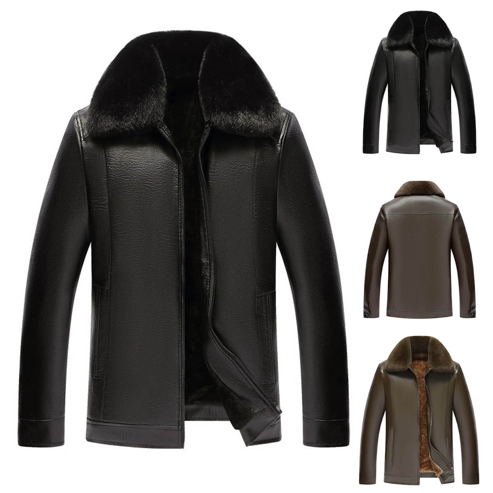 RongHuan Faux Leather Jacket for Men Fleece Full Zip Coats with Faux Fur Collar Fashion Winter Jackets Warm Long Sleeve Overcoat