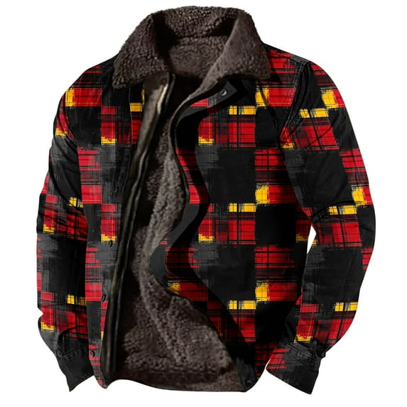 RongHuan Fleece Jackets for Men Vintage Winter Lapel Plaid Coat Full Zip Sherpa Lined Shirt Jacket Outdoor Casual Outerwear