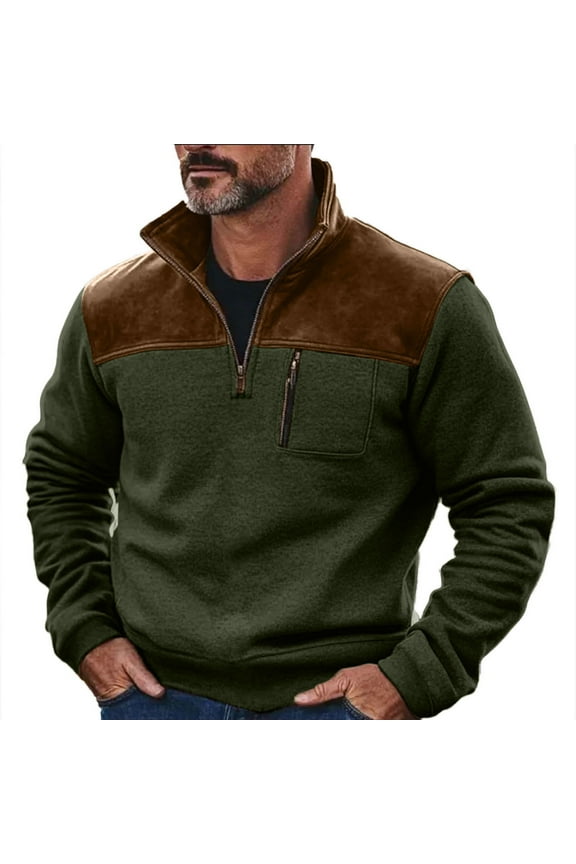 Fleece Pullover for Men Quarter Zip Stand Collar Vintage Sweatshirts Classic Fit Patchwork Long Sleeve Outdoor Sweatshirt