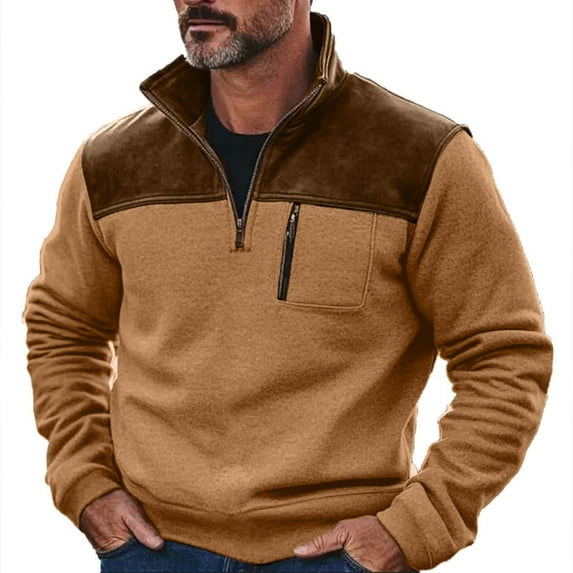 RongHuan Fleece Pullover for Men Quarter Zip Stand Collar Vintage Sweatshirts Classic Fit Patchwork Long Sleeve Outdoor Sweatshirt