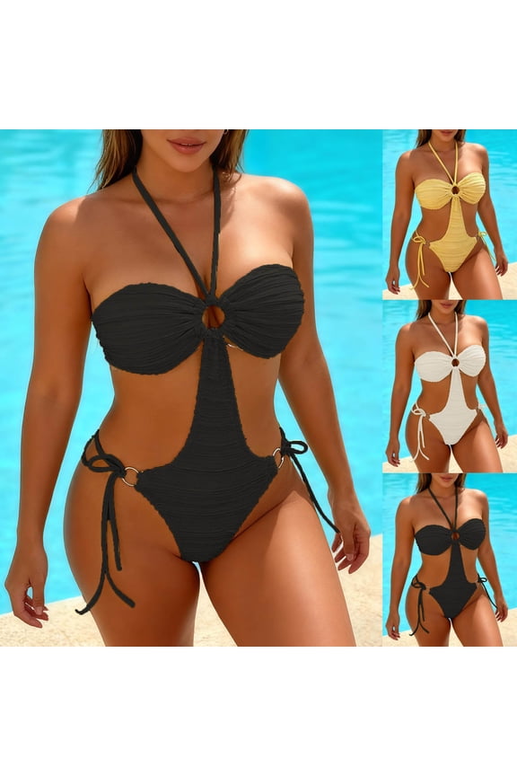 Halter One Piece Swimsuit for Women Cheeky String Tie Side Bikini Tummy Control Bathing Suit Swimwear