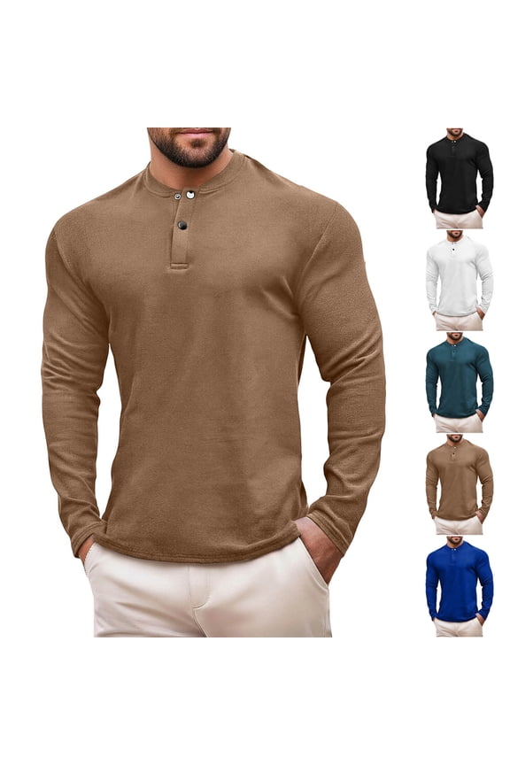 Henley Shirt for Men Lightweight Long Sleeve Crewneck T-Shirt Fleece Lined Workout Tops Soild Color Tshirt