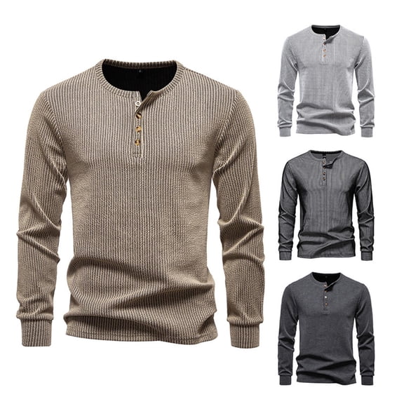 RongHuan Henley Shirt for Mens Crew Neck Long Sleeve T-Shirts Casual Button Up Shirts Regular Fit Solid Color Tops