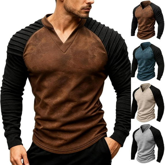 RongHuan Henley Shirts for Men Long Sleeve V-Neck Tshirts Vintage Slim Fit Sports T-Shirt Casual Color Block Tees