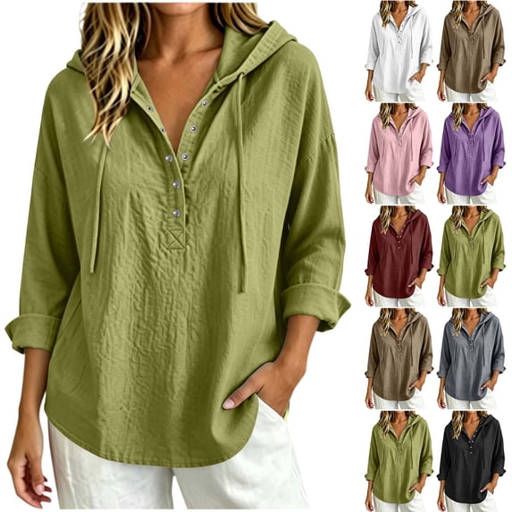 RongHuan Hooded Shirts for Women Cotton Gauze Long Sleeve Button Up Tops Dressy Casual Ladies Fall Pullover Hoodie