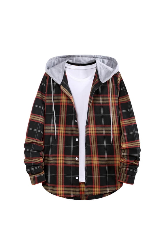 Hoodie Plaid Shirts for Men Long Sleeve Drawstring Flannel Shirt Jackets Casual Button Down Winter Fashion Outerwear