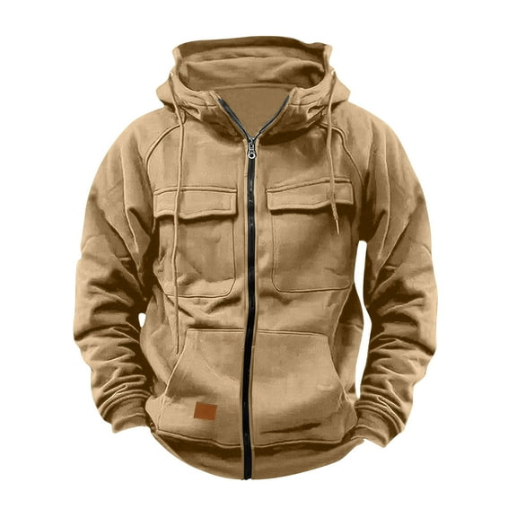 RongHuan Hoodies for Men Vintage Full Zip Pullover Casual Hooded Sweatshirt Long Sleeve Cargo Hoodie with Pockets