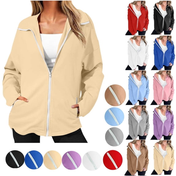 RongHuan Hoodies for Women Full Zip Up Long Sleeve Collared Sweatshirt Coats Fall Casual Loose Outwear with Pockets