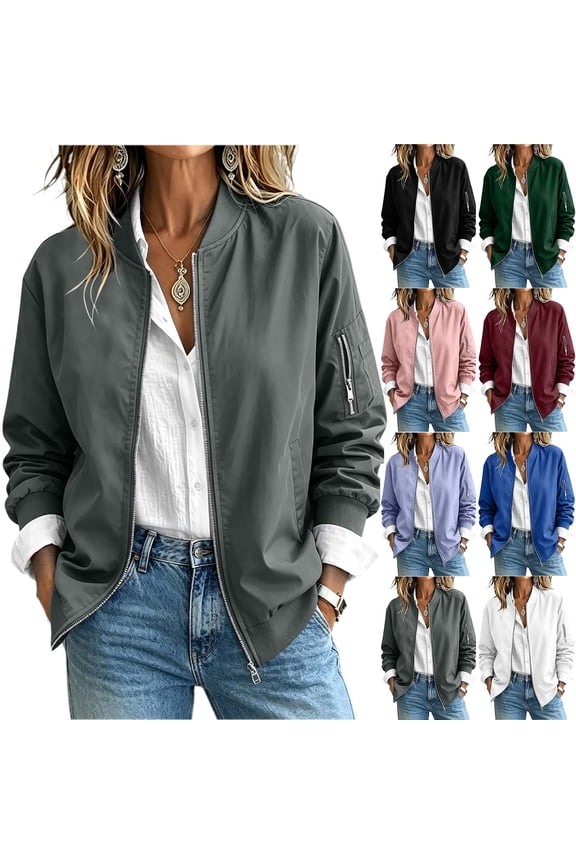 Jacket for Womens Casual Zip Up Ribbed Long Sleeve Fall Coat Lightweight Bomber Jackets with Pockets