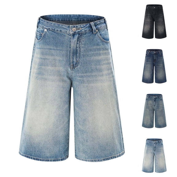 RongHuan Jean Shorts for Men Stylish Wide Leg Shorts Casual Summer Denim Shorts with Pockets