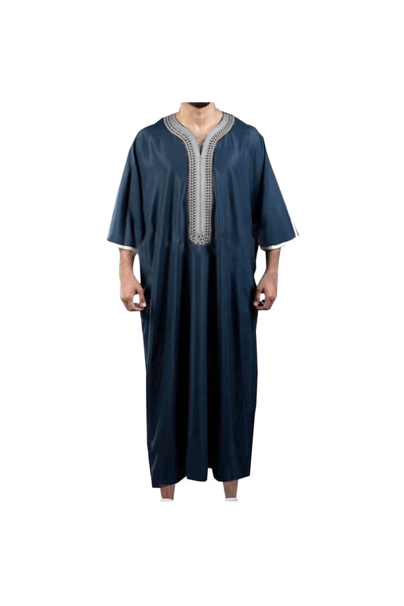 Kaftan for Men Embroidered Muslim Robe V Neck Half Sleeve Night Gown