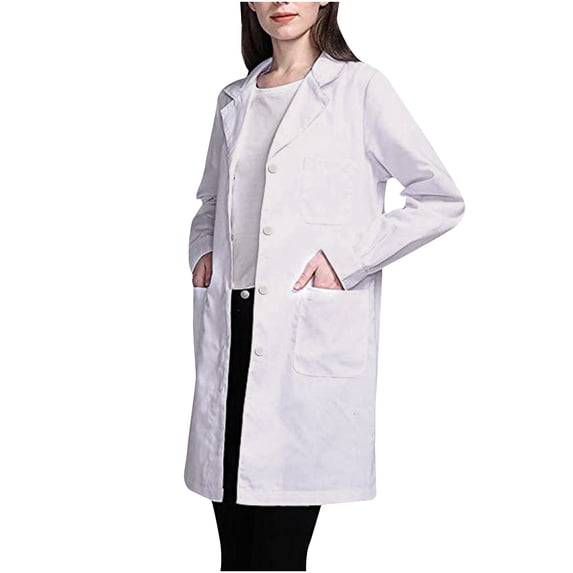 RongHuan Lab Coat for Women Button Long Sleeve Coats with Pockets White Long Jackets for Fall Winter Loose Fit Lightweight Outerwear