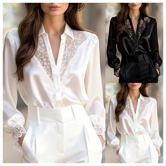 RongHuan Lace Blouse for Women Button Down Satin Blouses Long Sleeve Shirts Fashion Lapel Tops