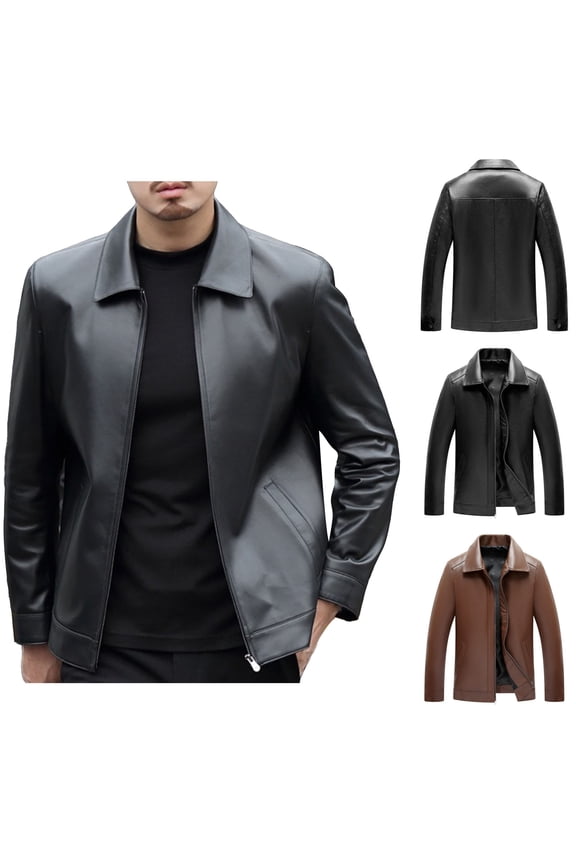 Leather Jacket for Men Classic Fit Lapel Outwear Slim Fit Motorcycle Jacket Fall Winter Long Sleeve Outerwear
