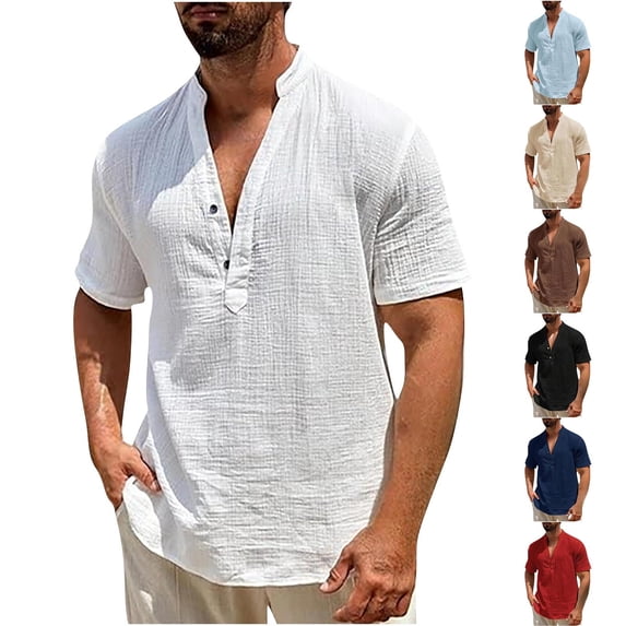 RongHuan Linen Shirts for Men Loose Fit Button Up Henley Shirt Casual Short Sleeve T-Shirt Fashion V Neck Beach Tops