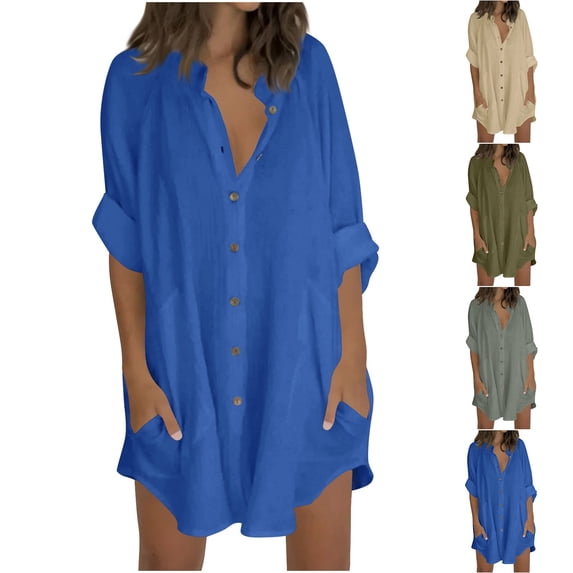 RongHuan Long Gauze Button Down Shirts for Women Casual Loose 3/4 Sleeve Tops with Pockets Loose Flowy Blouse