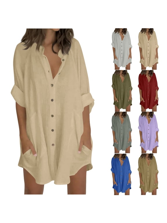 Long Gauze Button Down Shirts for Women Plus Size Cover Up Blouse Casual Loose 3/4 Sleeve Dresses Tops With Pockets