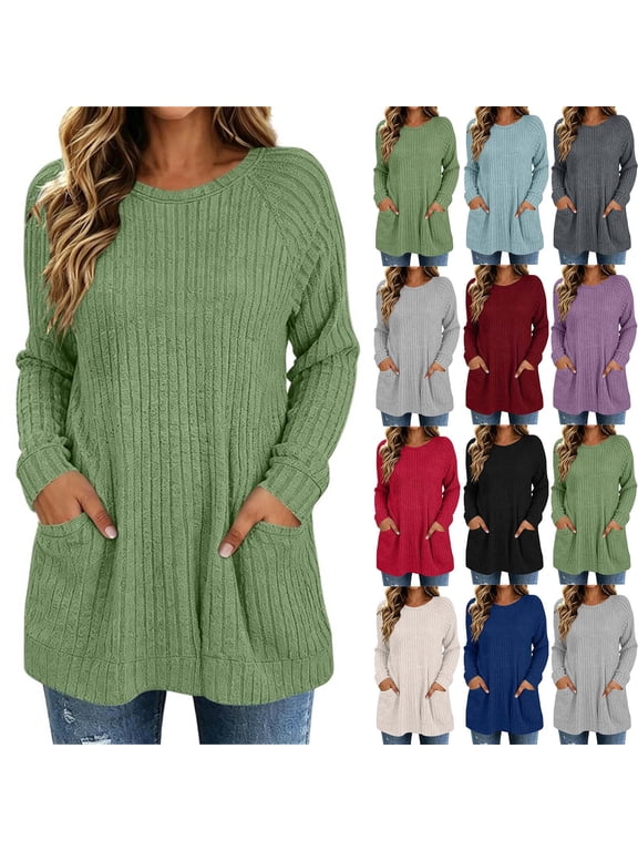 Long Sleeve Tunic Tops for Women Loose Fit Casual Rib Knit Sweater Crew Neck Pullover with Pockets