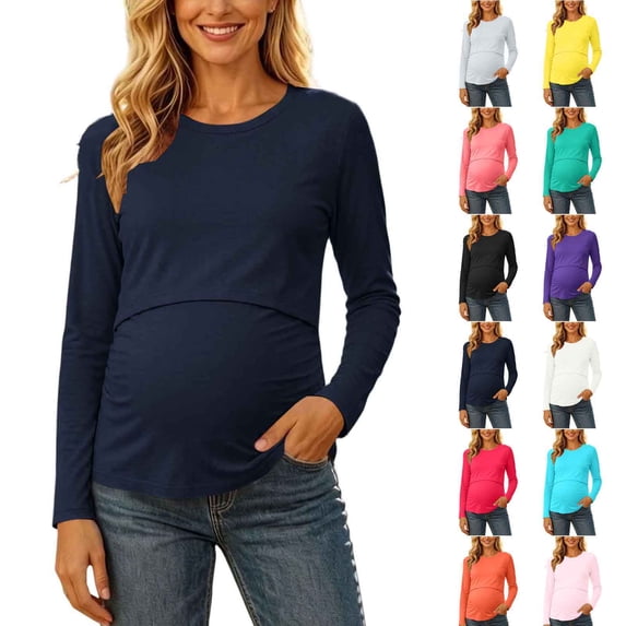 RongHuan Maternity Shirts Long Sleeve Crew Neck Pregnancy Tops for Women Casual Pregnancy Tee Shirt Soft Daily Wear