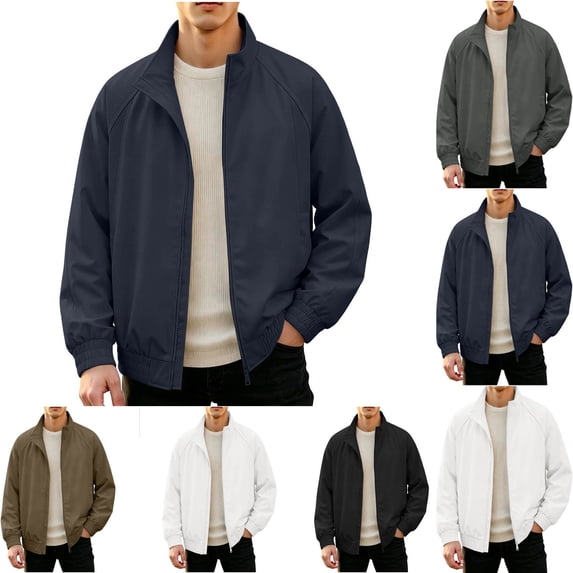 RongHuan Men Classic Bomber Jacket Full Zip Long Sleeve Jackets Stand Collar Solid Color Coat Fall Winter Casual Outerwear