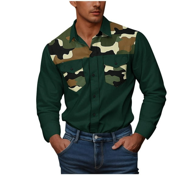 RongHuan Men's Big and Tall Camo Shirt Lapel Cargo Shirt Jacket Long Sleeve Button Down Overshirt Western Cowboy Work Shirts with Pockets