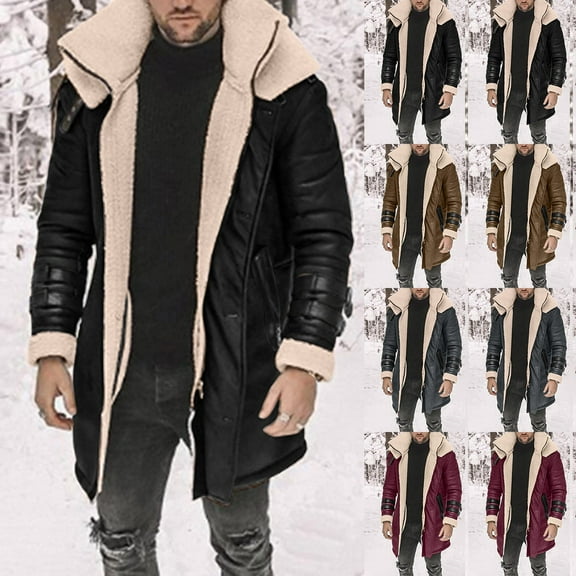RongHuan Men's Big and Tall Faux Leather Coat Fleece Sherpa Lined Warm Trench Coats Winter Faux Fur Collar Jacket Thickened Long Sleeve Outwear