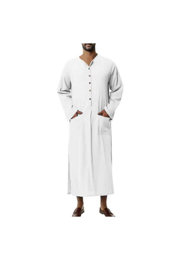 Men's Big and Tall Kaftan Robe Long Sleeve Muslim Thobe Robe Casual Button Down Nightgown with Pockets