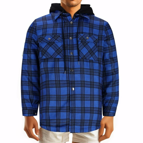 RongHuan Men's Big and Tall Plaid Shirt Thicken Hooded Flannel Shirt Jacket Casual Long Sleeve Button Down Winter Coat