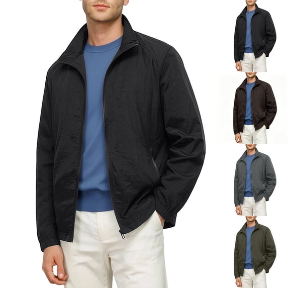 RongHuan Men's Big and Tall Rain Jacket Mock Neck Hiking Coats Zip Up Waterproof Jackets Fall Outerwear with Zip Pockets