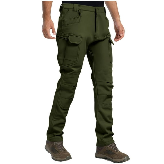 RongHuan Men's Big and Tall Work Pants Fleece Lined Cargo Pants Multi Pocket Hiking Pants Fall Winter Warm Tactical Pants