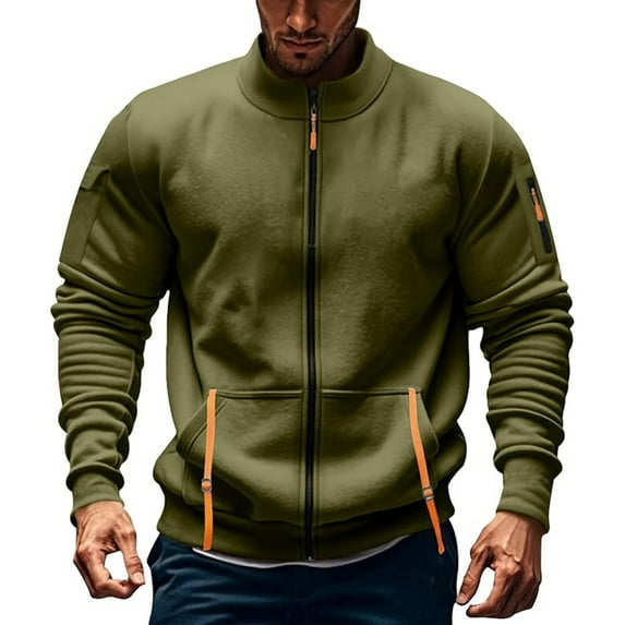 RongHuan Men's Cargo Hoodies Full Zip Stand Collar Sweatshirts Outdoor Gym Tactical Jackets with Pocket Solid Color Long Sleeve Athletic Sweatshirt