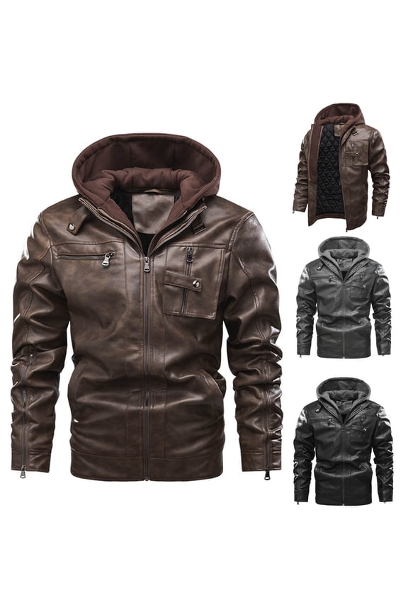 Men’s Casual Faux Leather Jackets Stand Collar Bomber Jacket with Removable Hood Fall Winter Full Zip Outcoat with Pockets