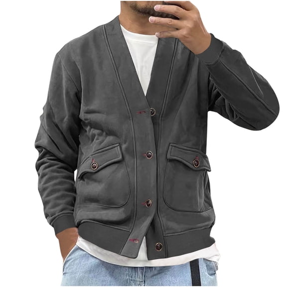 RongHuan Men's Casual Sweatshirt Long Sleeve V Neck Outwear Button Down Fall Winter Jacket with Pockets