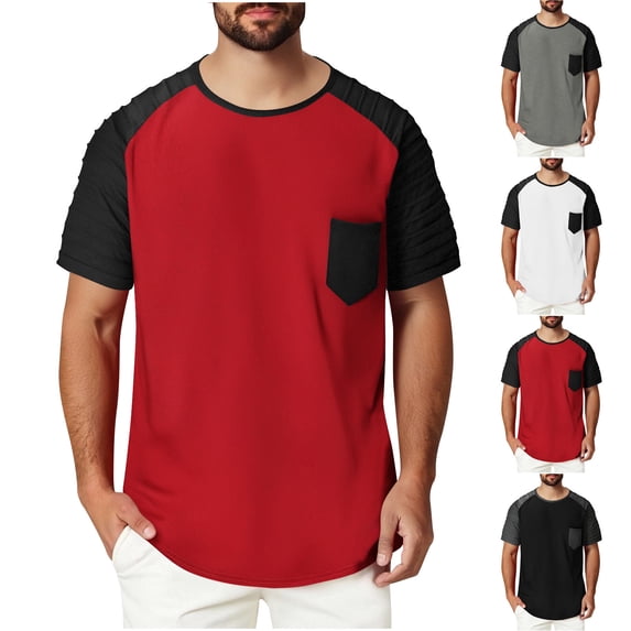 RongHuan Men's Color Block T-Shirts Short Sleeve Tee Shirt with Pocket Crew Neck Tops Fashion Summer Tshirts