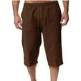 thumbnail image 1 of RongHuan Men's Cotton Linen Capri Pants Loose Fit Elastic Waist Cropped Pants Below Knee 3/4 Trouser with Pocket Outdoor Workout Drawstring Shorts, 1 of 6