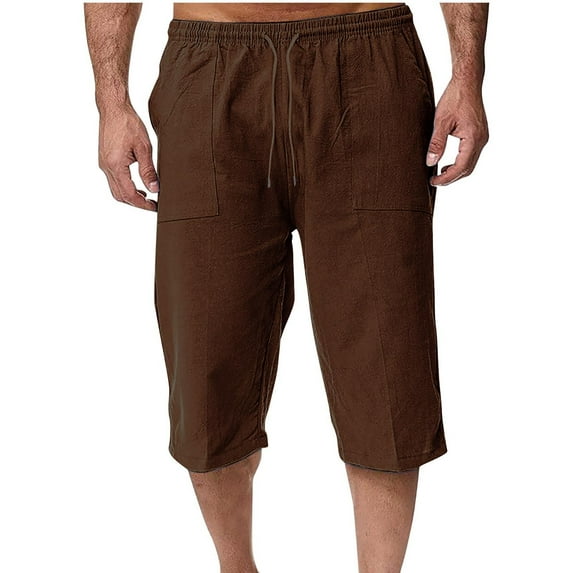RongHuan Men's Cotton Linen Capri Pants Loose Fit Elastic Waist Cropped Pants Below Knee 3/4 Trouser with Pocket Outdoor Workout Drawstring Shorts